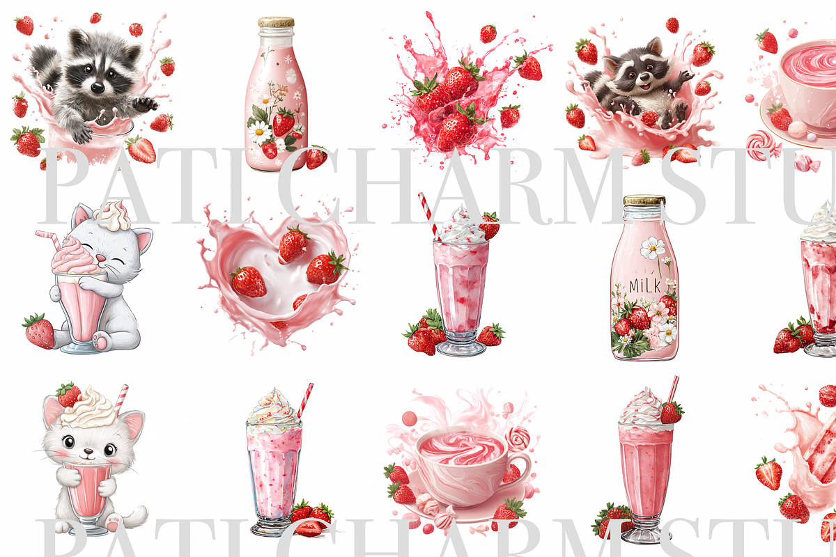 18 Strawberry Milk Clipart, a Decorative Illustration by Pati Charm Studio (Photo 2 of 8)