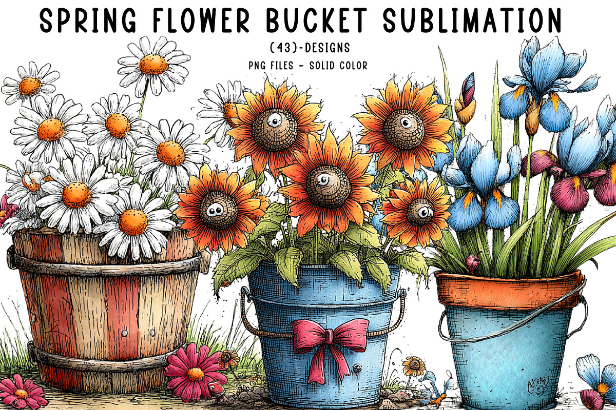 Spring Flower Bucket Sublimation Cli, an Illustration by CreationArt (Photo 1 of 7)