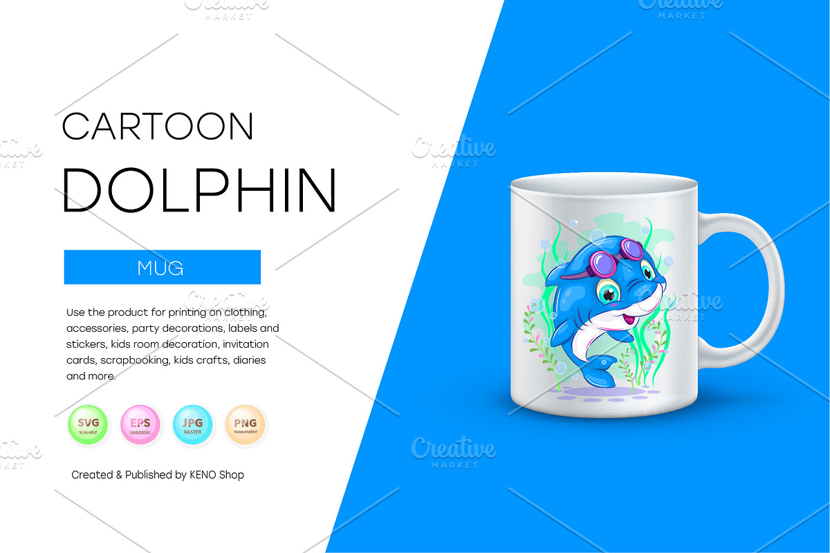 Cute cartoon dolphin, Tshirt, PNG., an Animal Illustration by KENO Mascots (Photo 2 of 6)