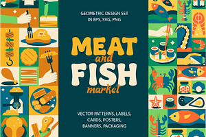 Mosaic Meat and Fish Designs, a Food Illustration by Lettering_Logo