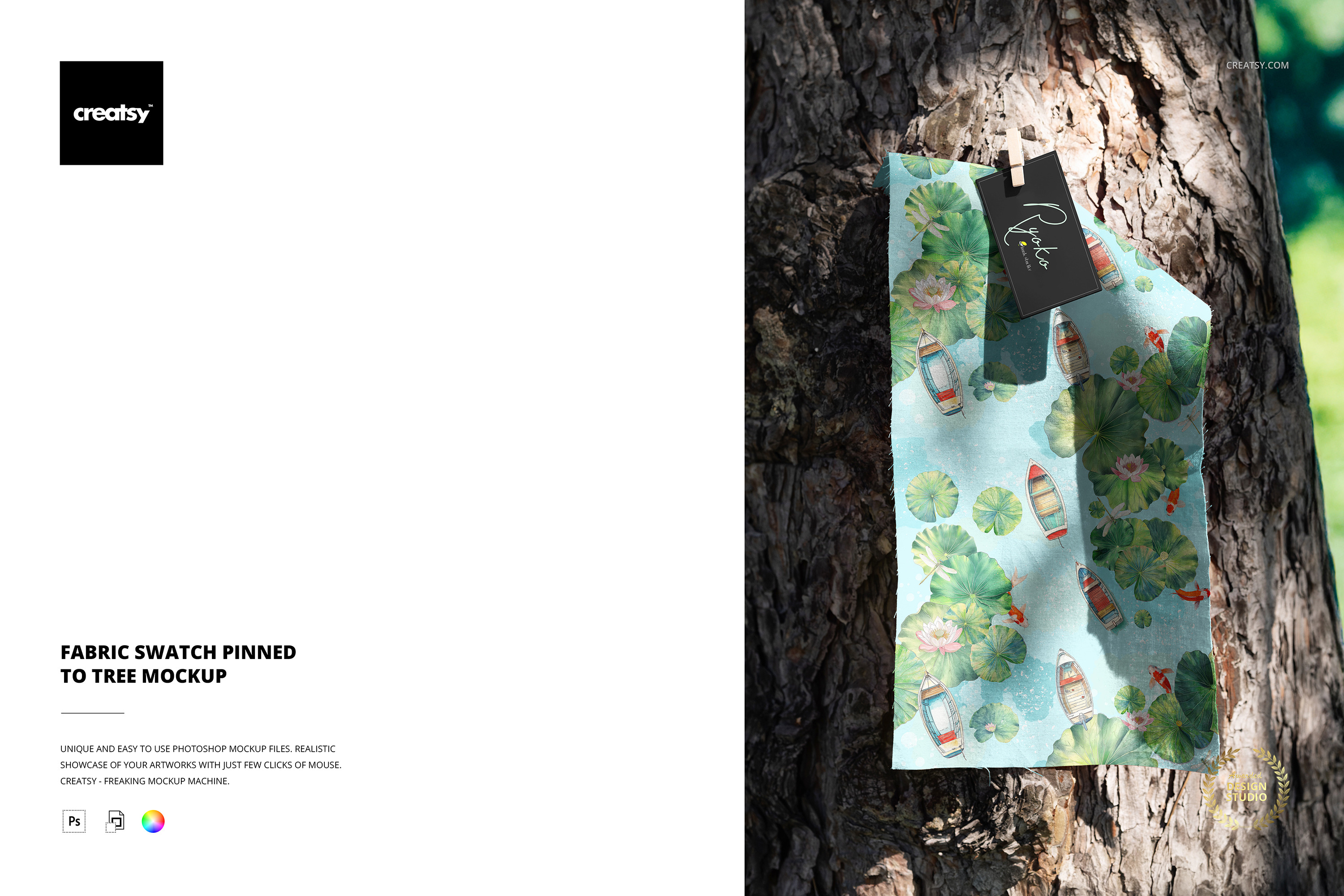 Fabric Swatch Pinned to Tree Mockup, a Household Mockup by creatsy5