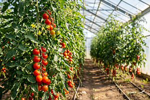 Tomatoes growing on a greenhouse, a Food & Drink Photo by Volff