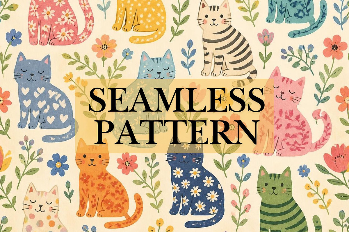 Colorful Cats Seamless Pattern, a Pattern Graphic by elfy creative (Photo 1 of 8)
