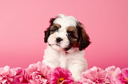 Adorable and affectionate puppy dog on a pink background surroun, an Animal Photo by José Manuel Gelpi