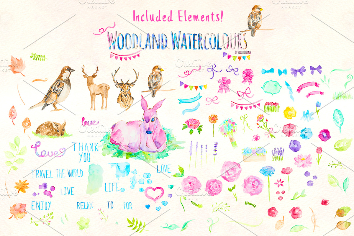 Watercolor Animal and Flowers Bundle, an Animal Illustration by Violet LeBeaux (Photo 1 of 5)