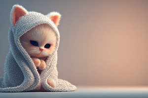 Cute fluffy kitten wrapped in a soft gray towel, sitting on a ne, an Animal Photo by Ales Munt
