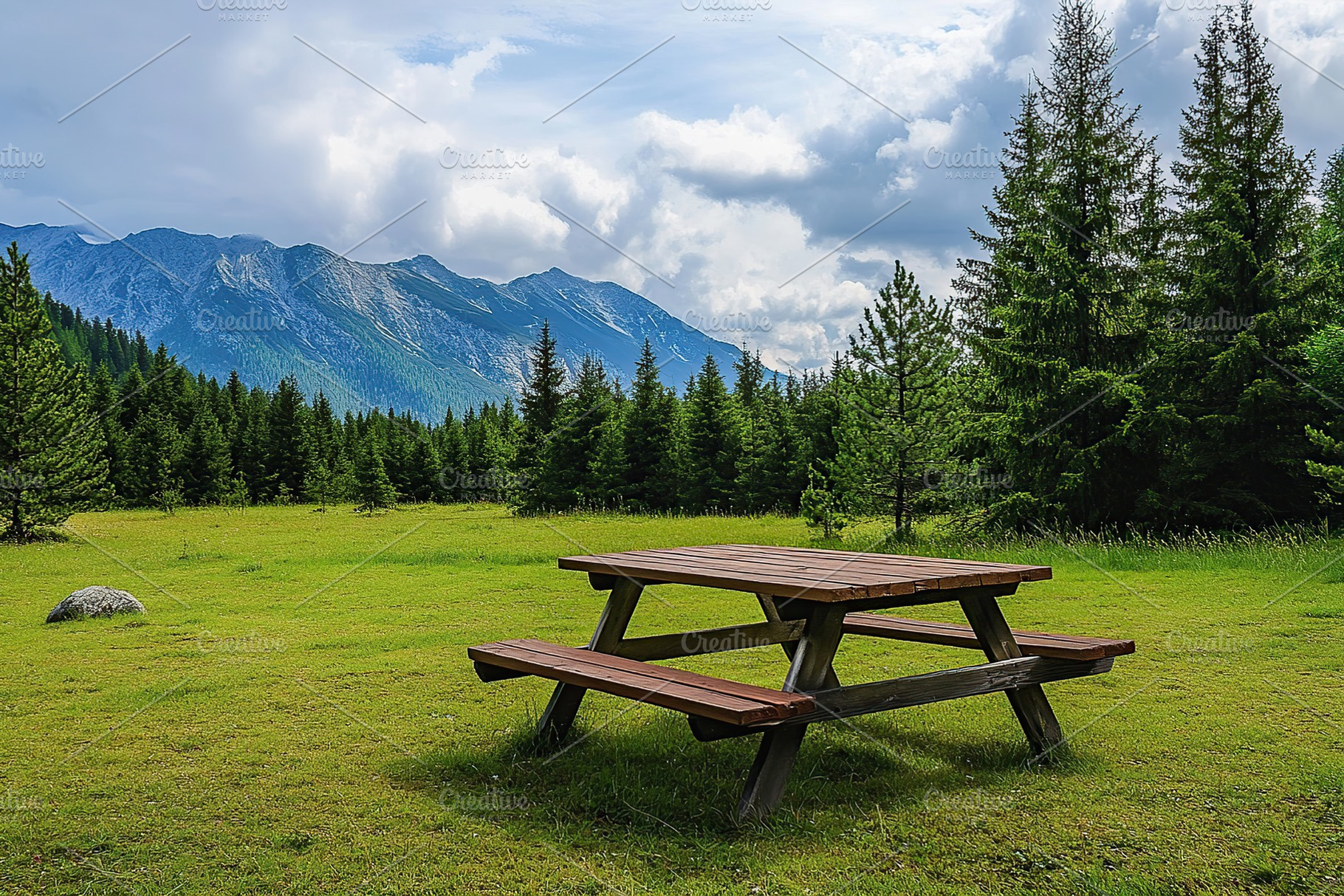 Scenic picnic table set in a lush meadow surrounded by mountains and pine trees, a Sports & Recreation Photo by AlyaAnd