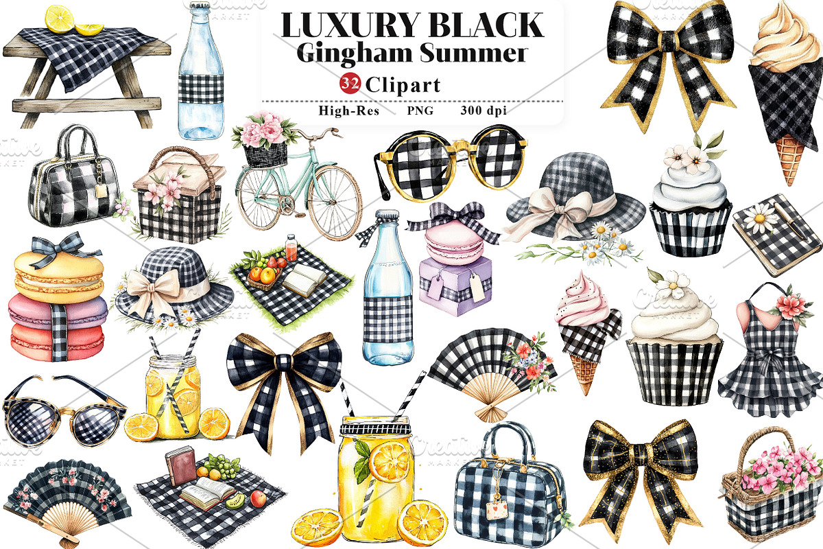 Luxury Black Gingham Summer Clipart, an Illustration by Watercolor design (Photo 1 of 12)