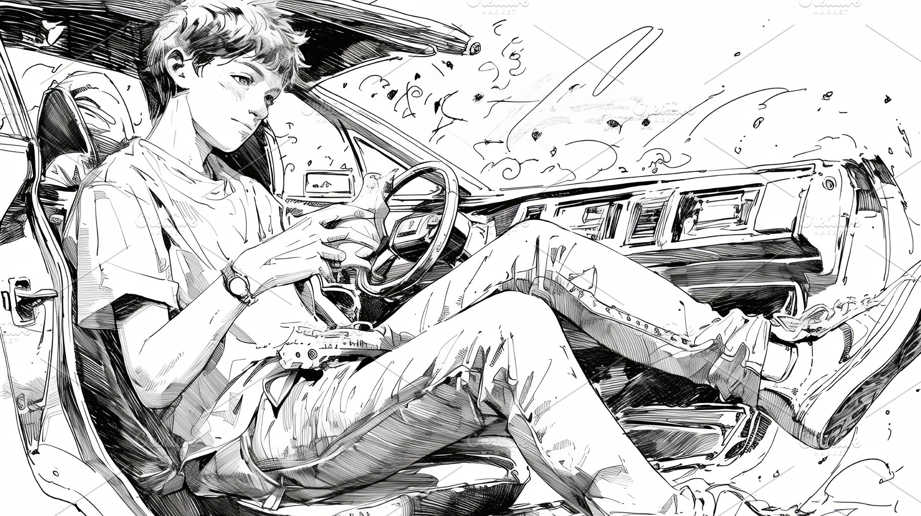 Young man relaxing in vintage car, clutching steering wheel in monochrome style, a Photo by AS photostudio