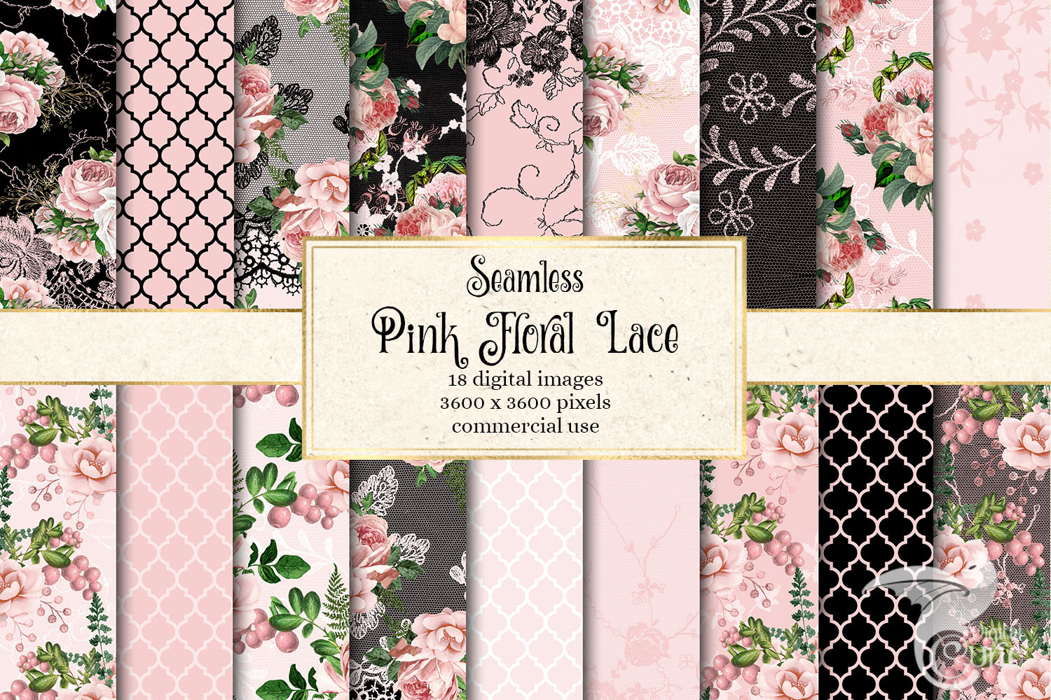 Pink Floral Lace Digital Paper, a Pattern Graphic by Digital Curio