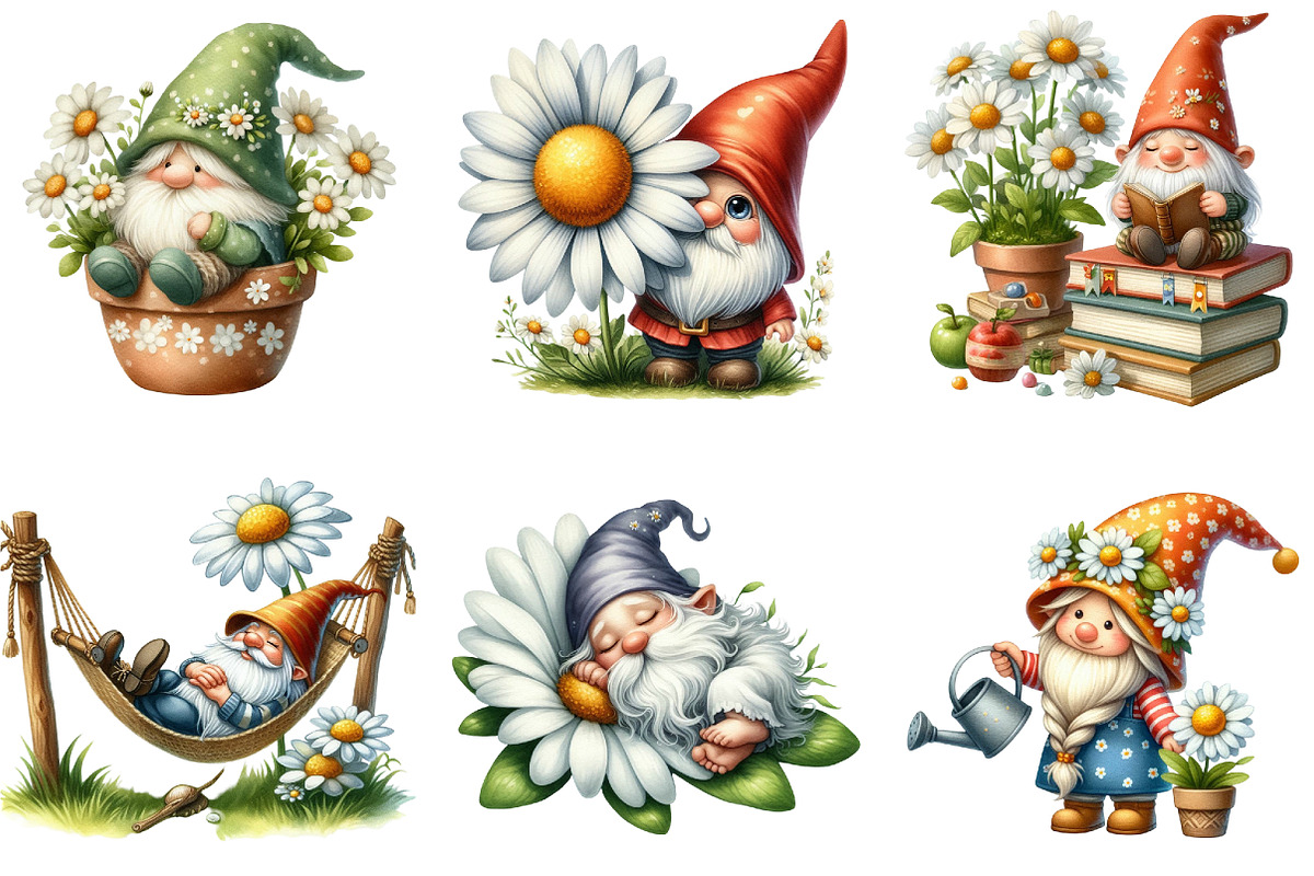 Watercolor White Gnome Daisy Clipart, an Illustration by DreamArtGraphic (Photo 2 of 5)