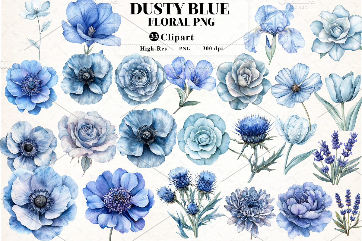 Dusty blue watercolor floral clipart, an Illustration by Watercolor design (Photo 1 of 5)