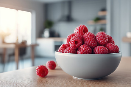 Juicy raspberries freshly picked and displayed in a ceramic bowl in a sunny kit, a Food & Drink Photo by AlyaAnd