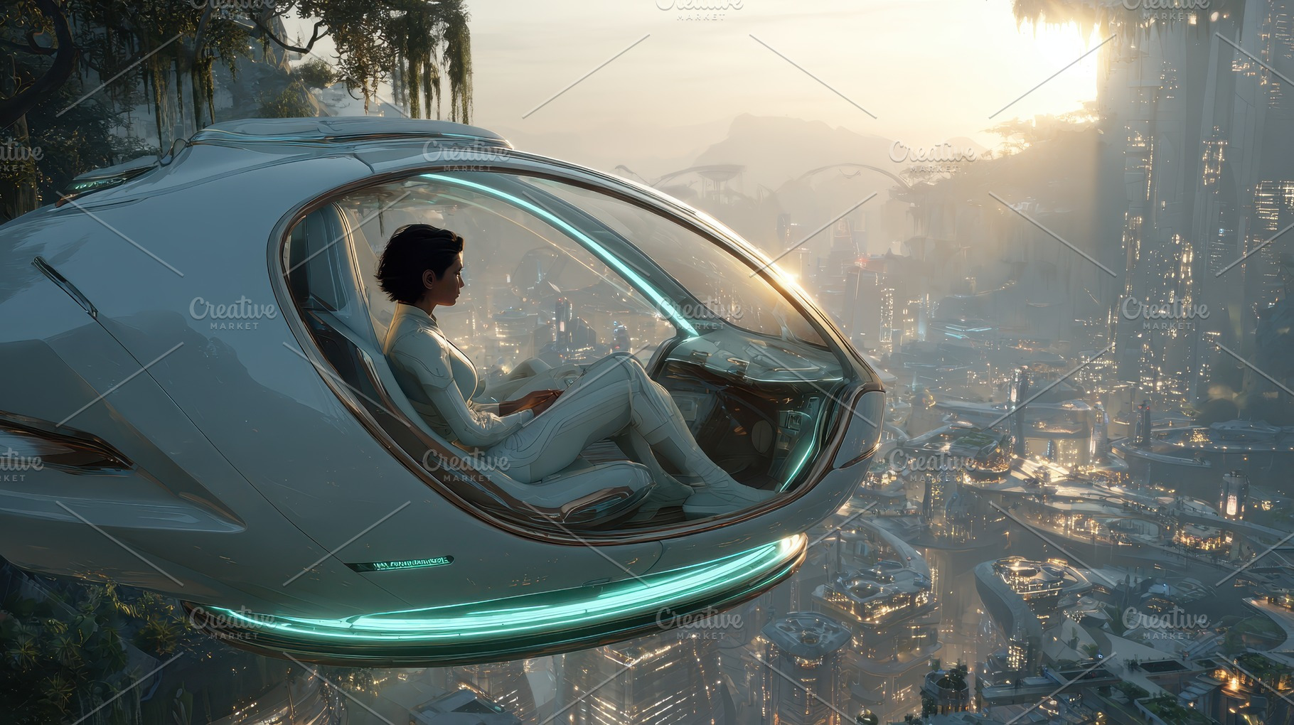 Futuristic Cityscape Woman in Flying, a Photo by Pixeness Studio