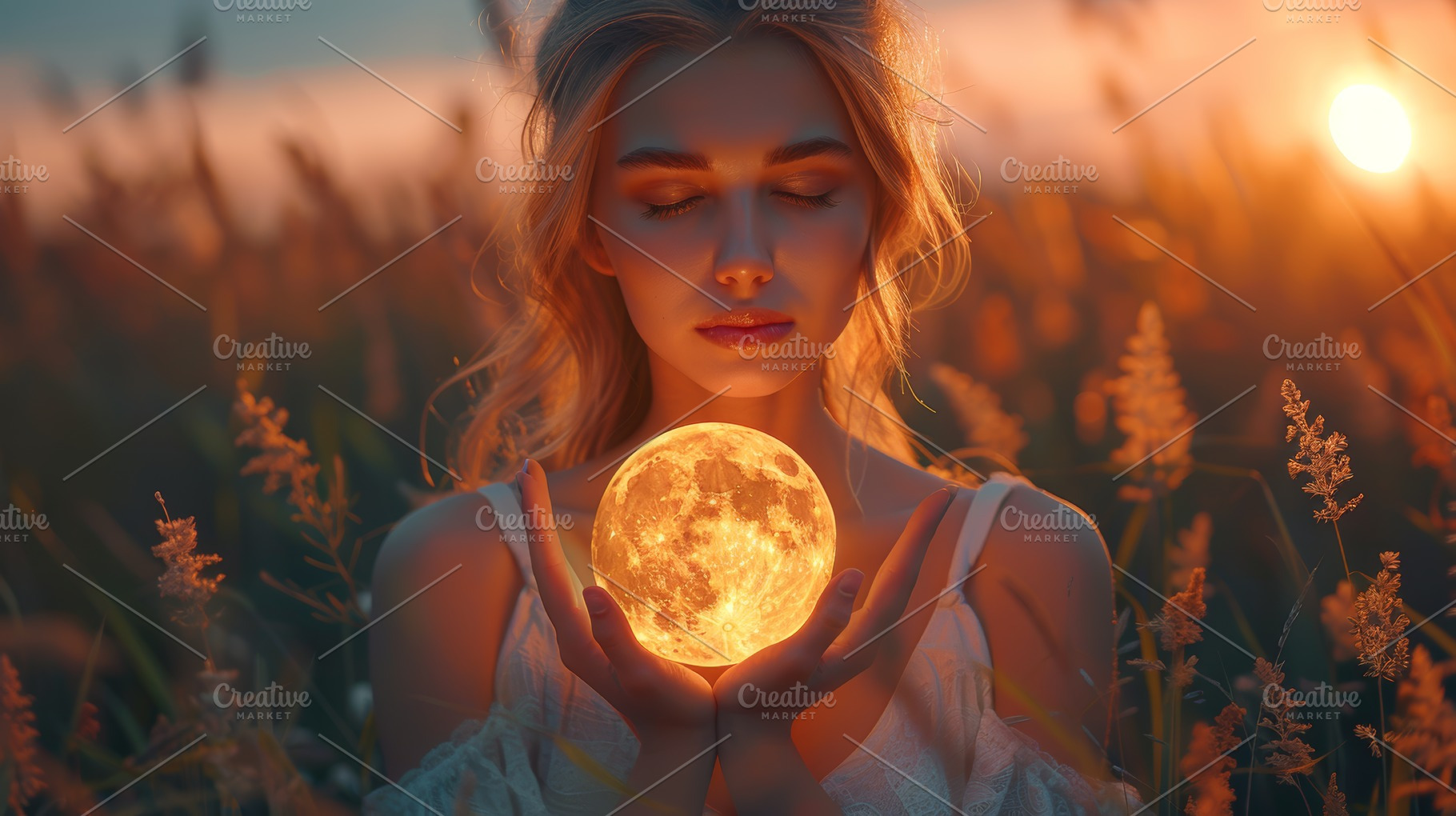 Woman holding glowing moon in serene summer evening field, a Photo by AS photostudio