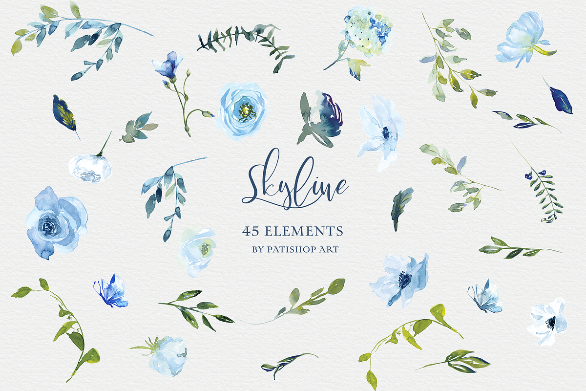 Watercolor Blue Florals Clipart Set, a Decorative Illustration by Patishop Art (Photo 6 of 14)