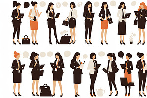 Collection of businesswoman illustrations in various poses with laptops and dis, an Illustration by AS photostudio