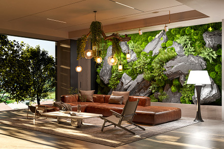 Sunlit Living Room with Green Wall