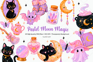 Pastel Moon Magic Witch Clipart