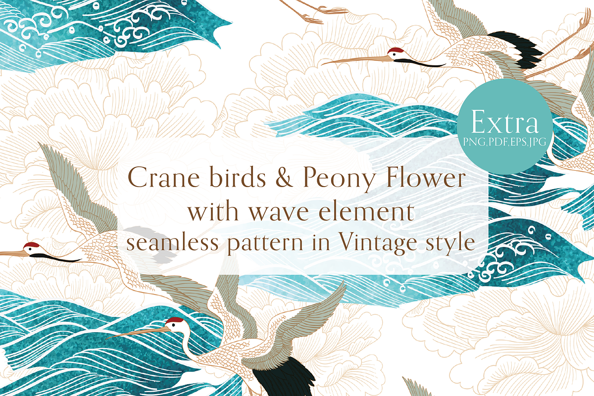 Crane birds with hand drawn wave, a Pattern Graphic by marukopum (Photo 1 of 3)