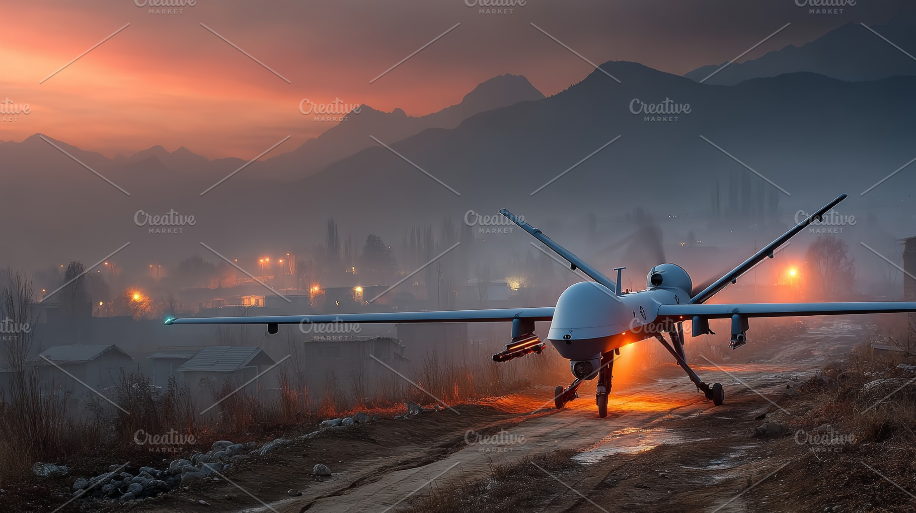 Advanced drone parked on rural path at sunset with glowing lights, a Photo by AS photostudio