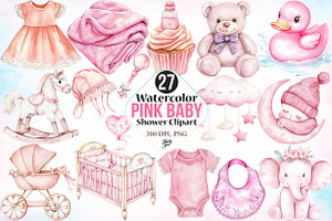 Watercolor Pink Baby Shower Clipart, an Illustration by Canvas Craft