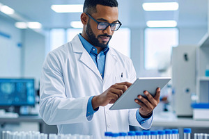 Scientist working with a tablet while examining test tubes, an Industrial Photo by DanFLCreativo