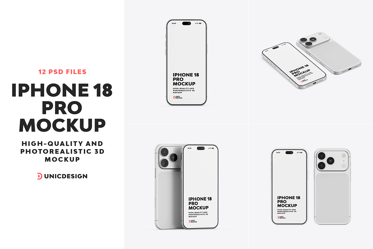 iPhone 18 Pro Mockup, an iPhone Mockup by UnicDesign (Photo 1 of 13)