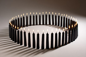 Black candles arranged in a circular pattern creating a serene atmosphere, a Photo by AlyaAnd