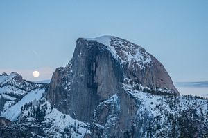 Half Dome and Full Moon. Evening Twi