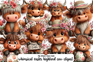 whimsical easter highland cow clipar, an Illustration by Designworld