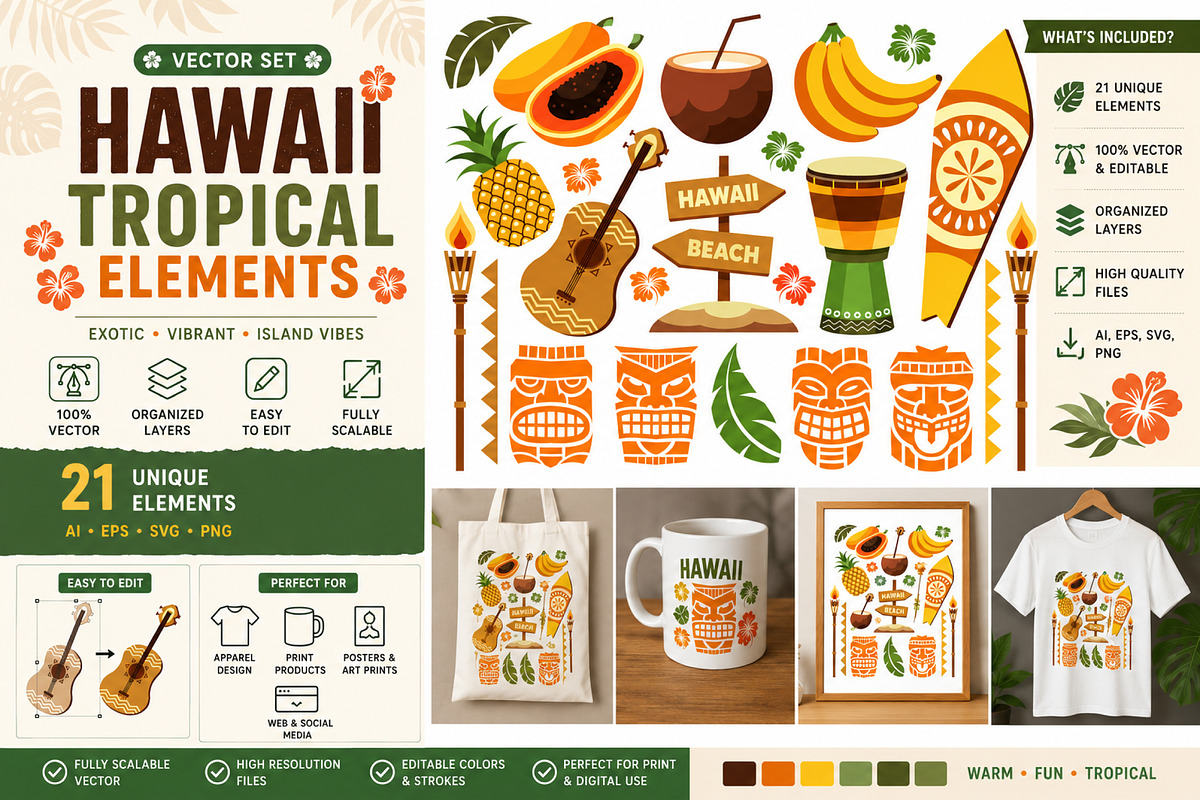 Hawaiian Tropical Culture Vector Set, an Object Illustration by KAZ by IanMikraz Studio (Photo 3 of 3)
