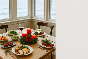 Christmas dinner table with candles and festive decor by window, a Photo by Dvoevnore photos