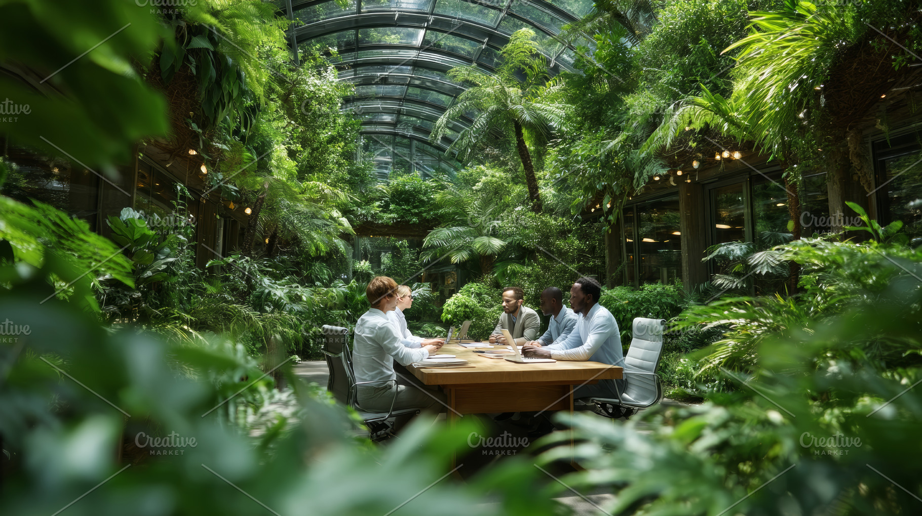 Business meeting in a lush green office atrium with colleagues collaborating ar, a Photo by AS photostudio
