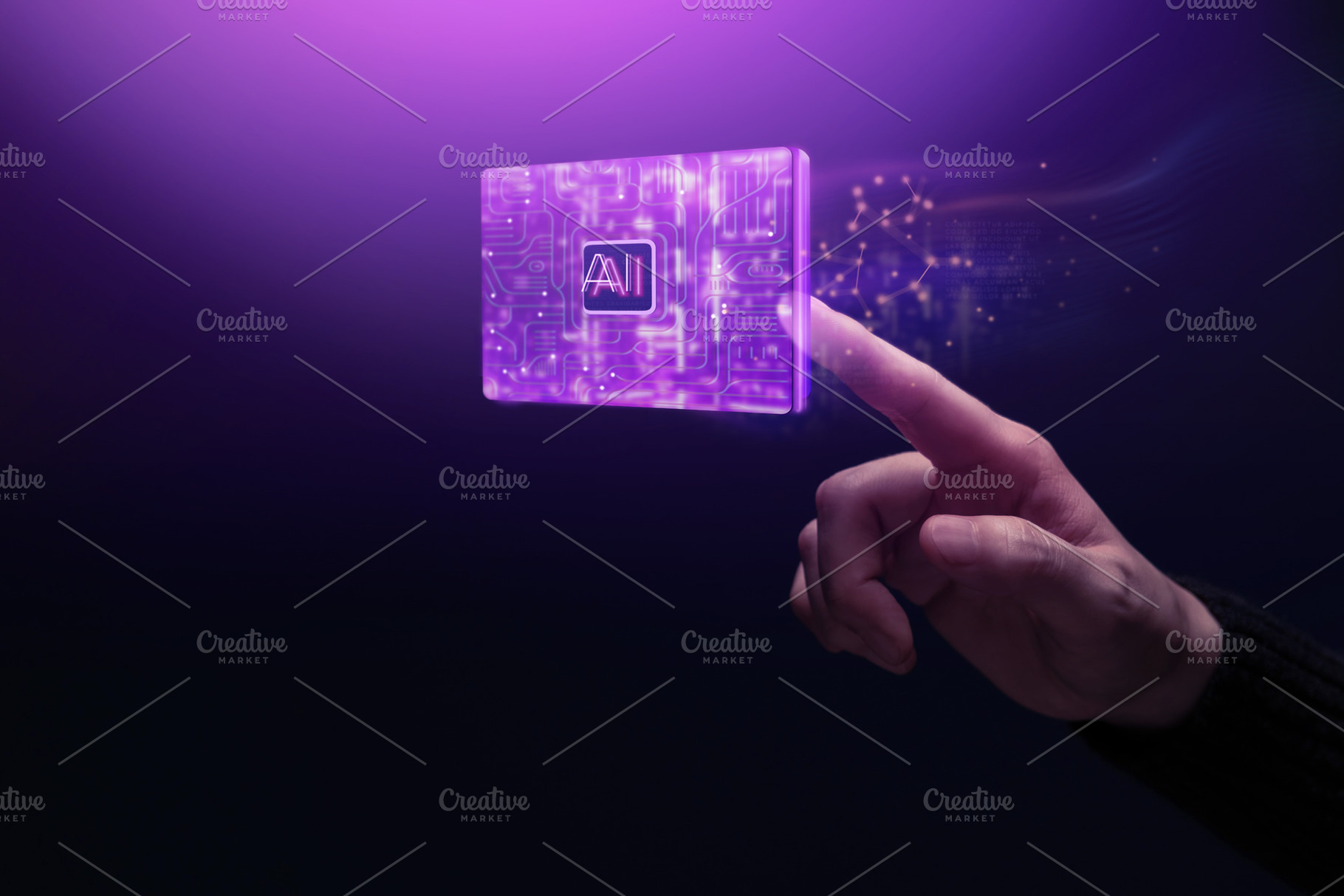 Hand Touching glow AI chip in dark tech futuristic themed. Artif, a Photo by salmon.black
