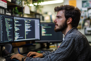 A focused young man Data Engineer with a beard working on a computer in a tech, a Person Photo by Textures & Backgrounds