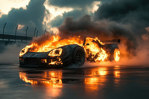 Burning race car engulfed in flames, a Photo by Iftikhar Alam