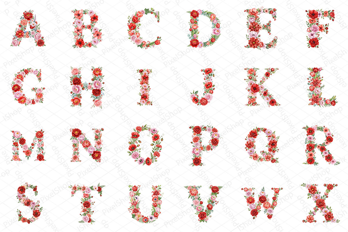 Watercolor Red Flowers Alphabet Clip, an Illustration by DreamPrint404 (Photo 2 of 4)