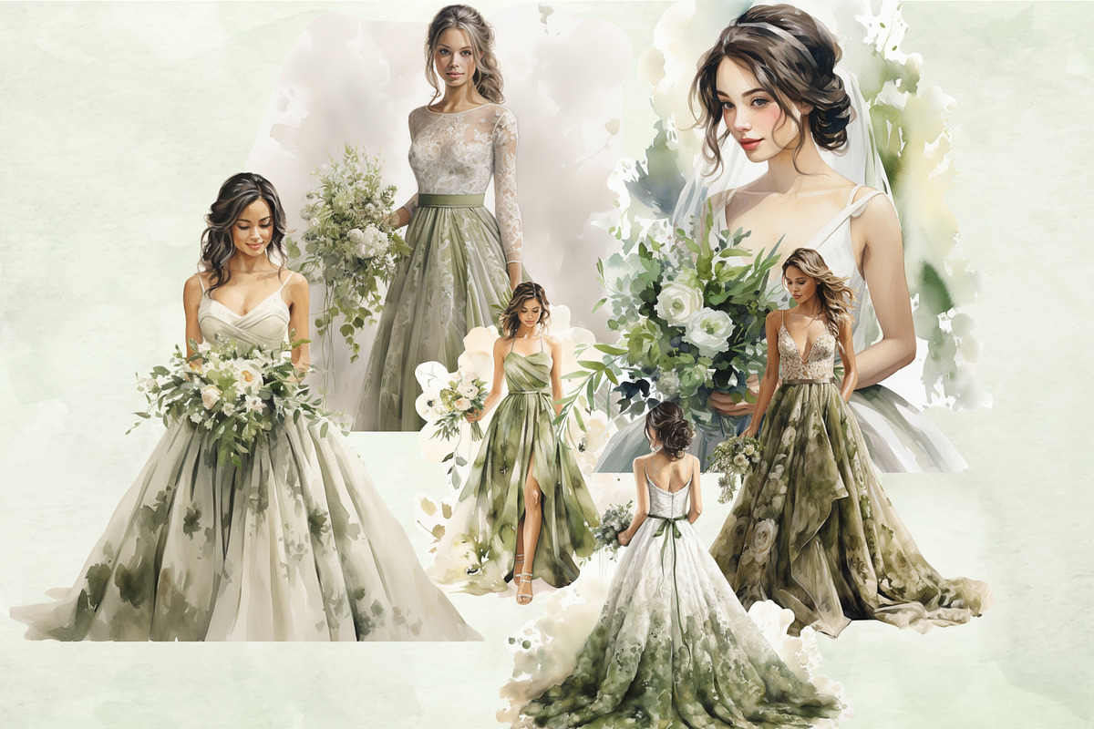 Watercolor Green Brides Clipart, a Person Illustration by NiiiNArt (Photo 2 of 7)