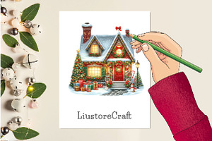 Christmas Watercolor House Clipart