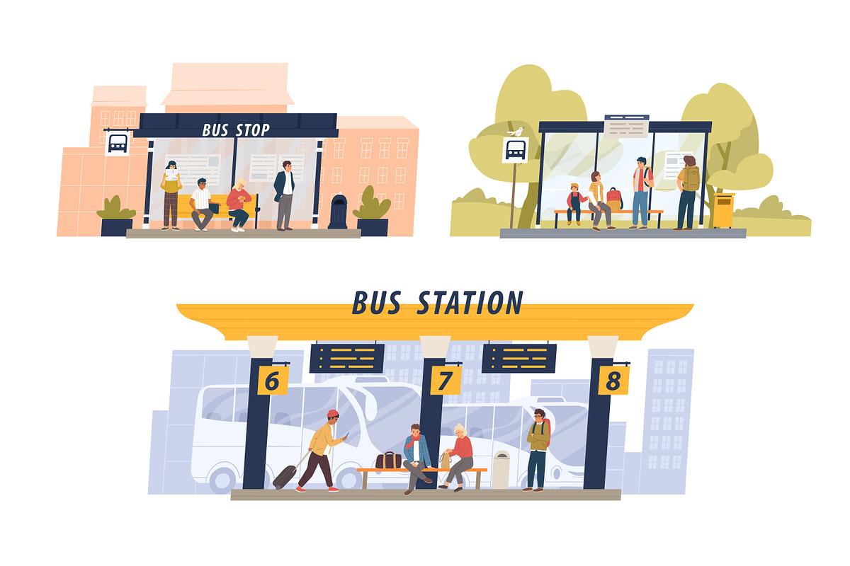 People waiting at bus station set, a Person Illustration by Good Studio (Photo 1 of 4)