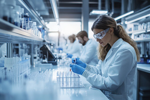 Scientist in lab analyzing test tube, a Health & Medical Photo by Pixeness Studio