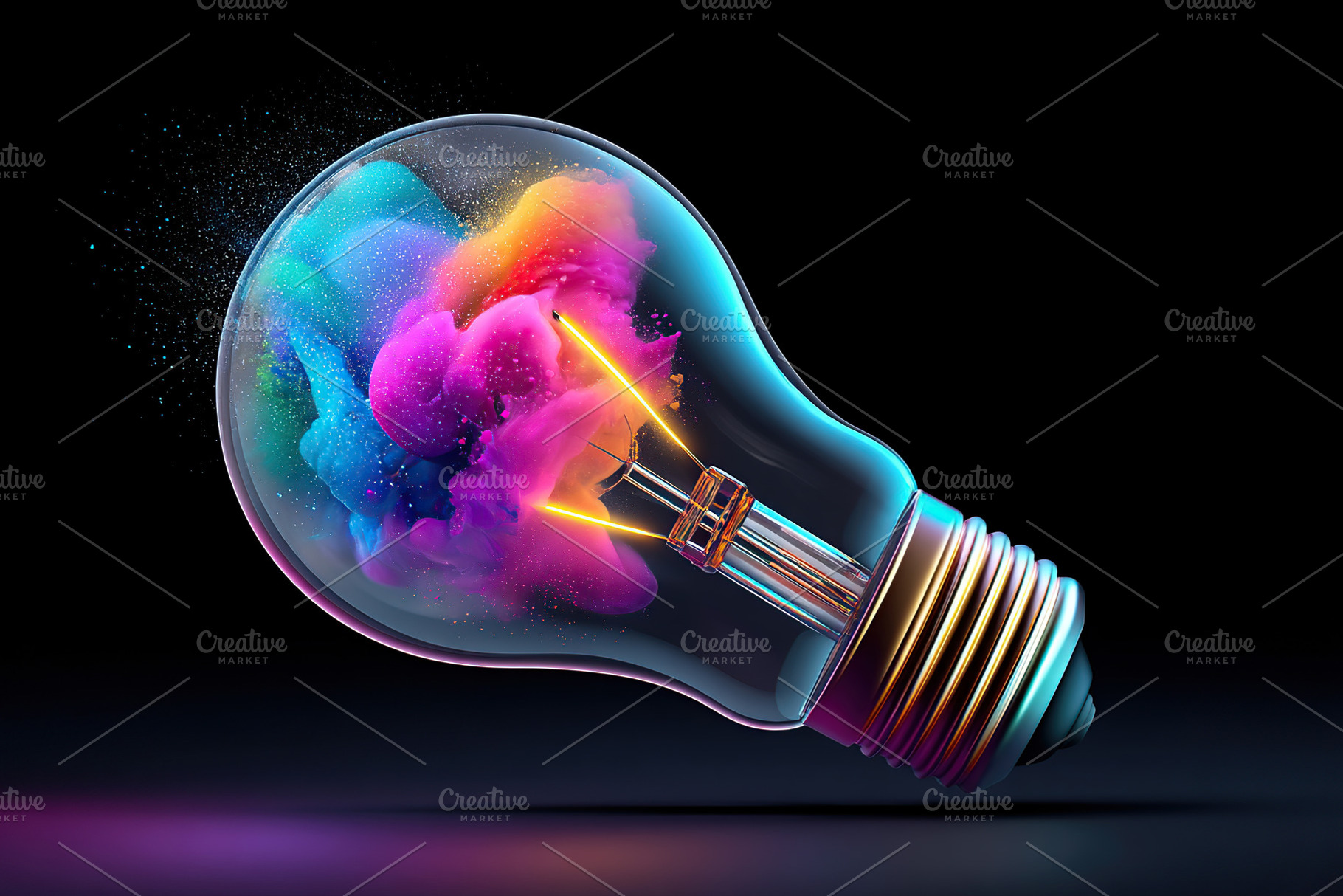 Vibrant paint swirls inside a glowing light bulb against a dark background, a Technology Photo by AlyaAnd