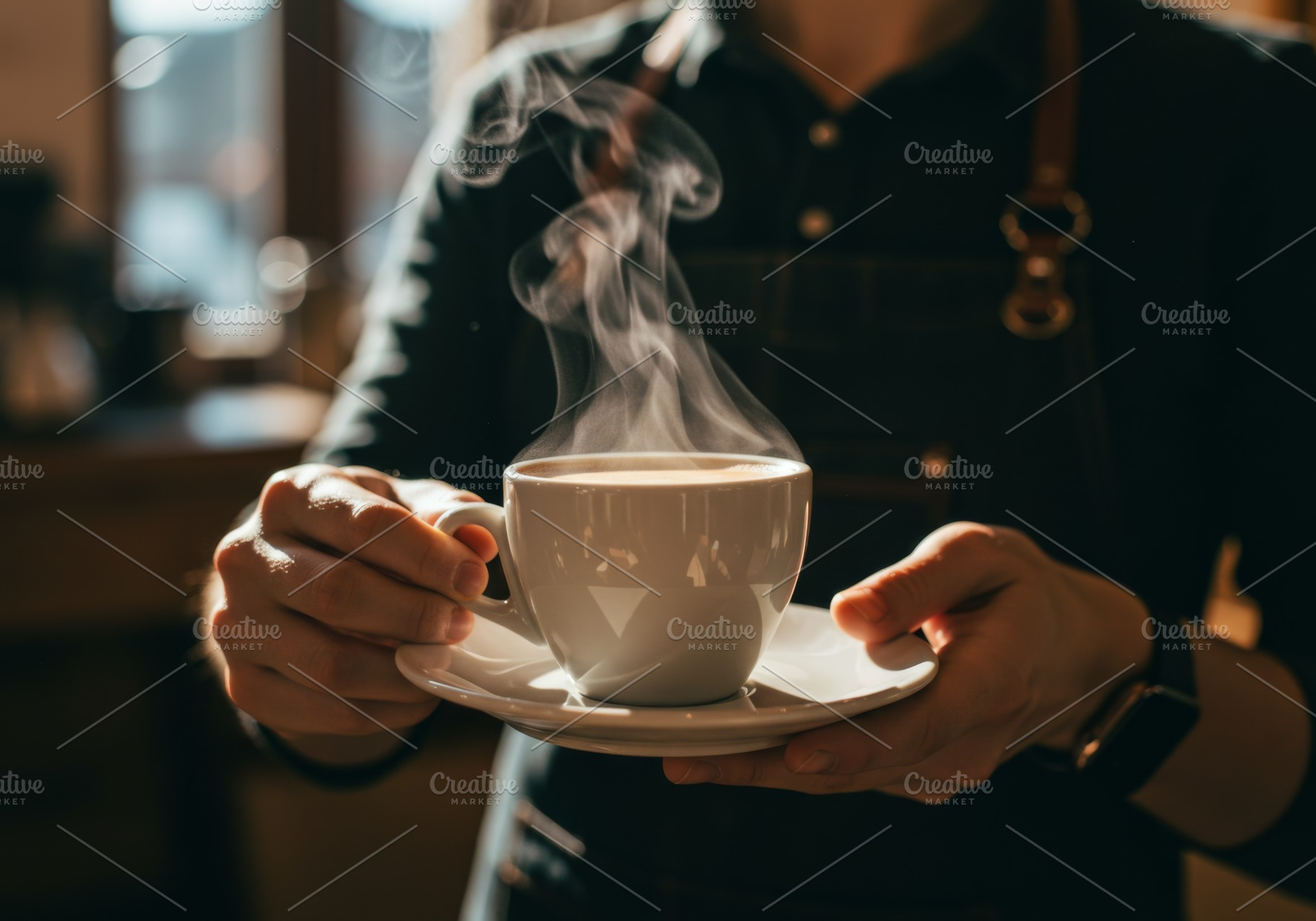 Barista holding a steaming cup, a Food & Drink Photo by professorinc