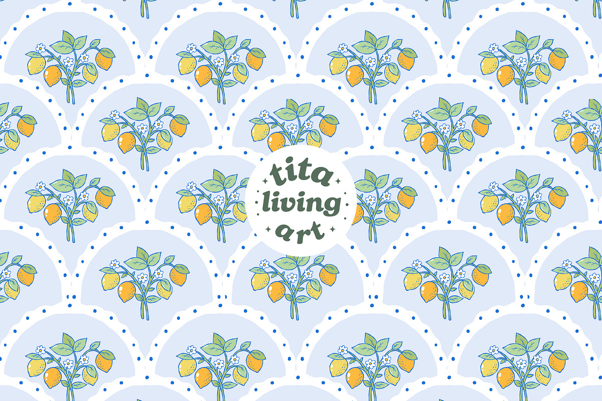 Lemon Scalloped Seamless Pattern, a Food Illustration by TitaLivingArt (Photo 1 of 10)