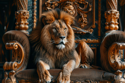 A lion rests gracefully on an elabor, a Photo by Tanuart