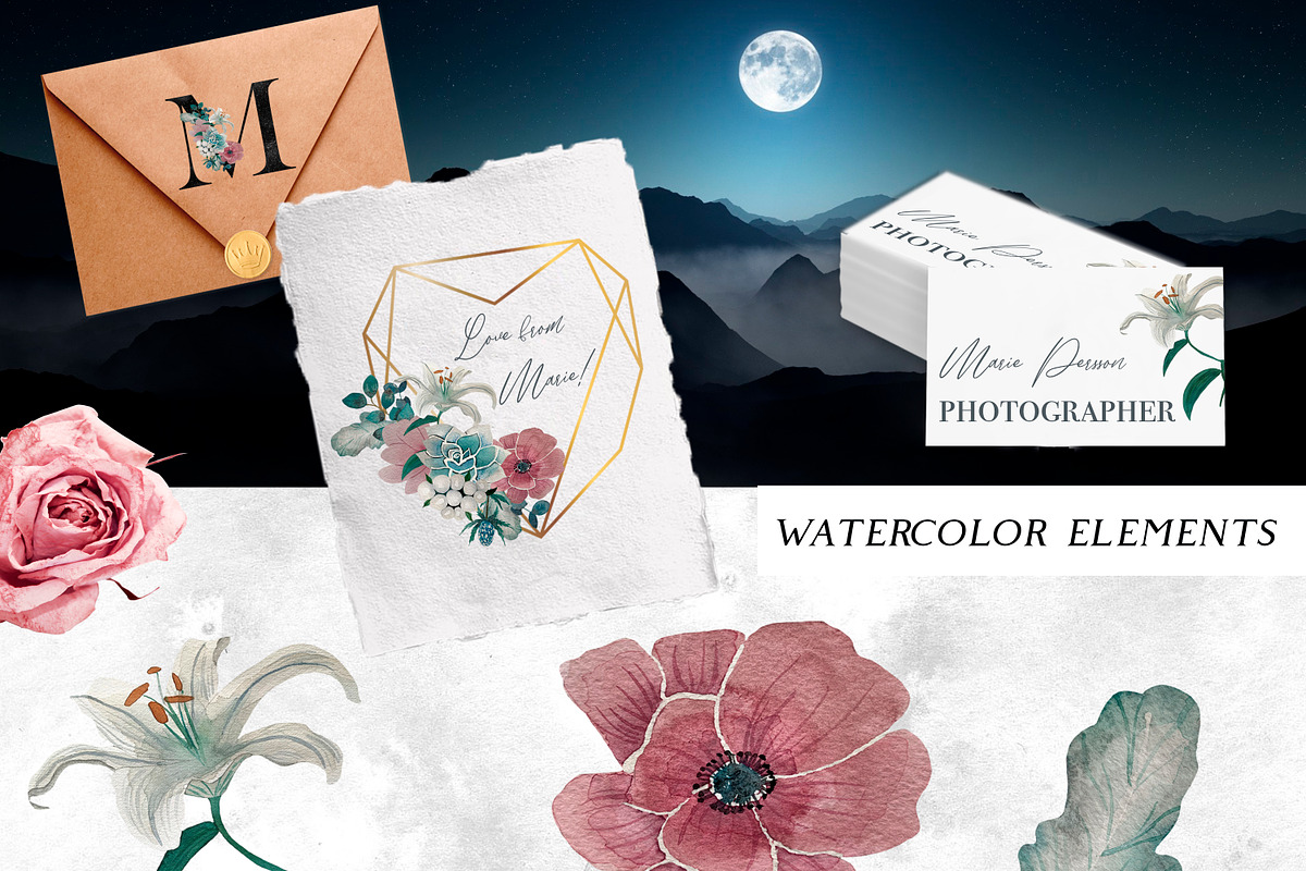 Moon & Flower Watercolor Clipart, an Object Graphic by Kate Creative Studio (Photo 5 of 6)