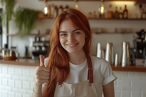Cute woman barista stands behind the counter of coffee shop. Takeaway food, a Person Photo by AlyaAnd