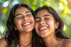 Two teenagers laughing with eyes closed closeup shot, a Person Photo by DanFLCreativo