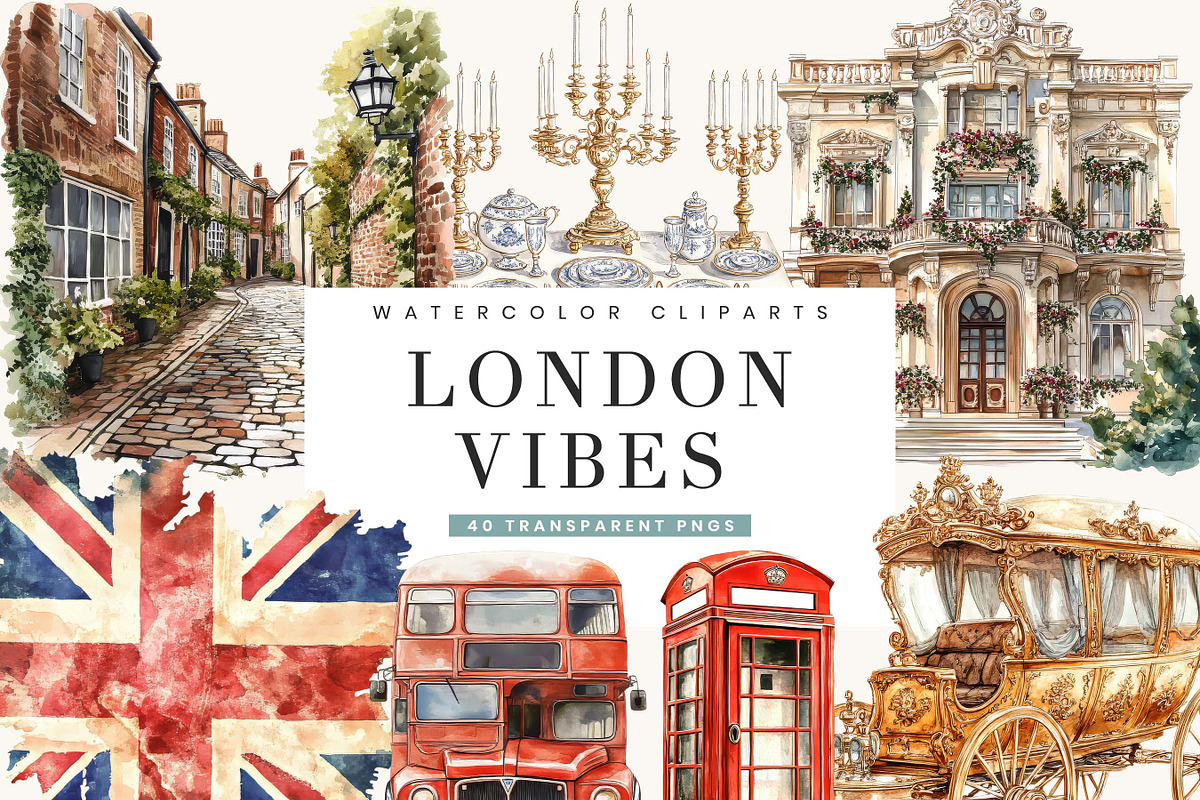Watercolor London Vibes Clipart, an Object Illustration by BusyDaydesign (Photo 1 of 9)